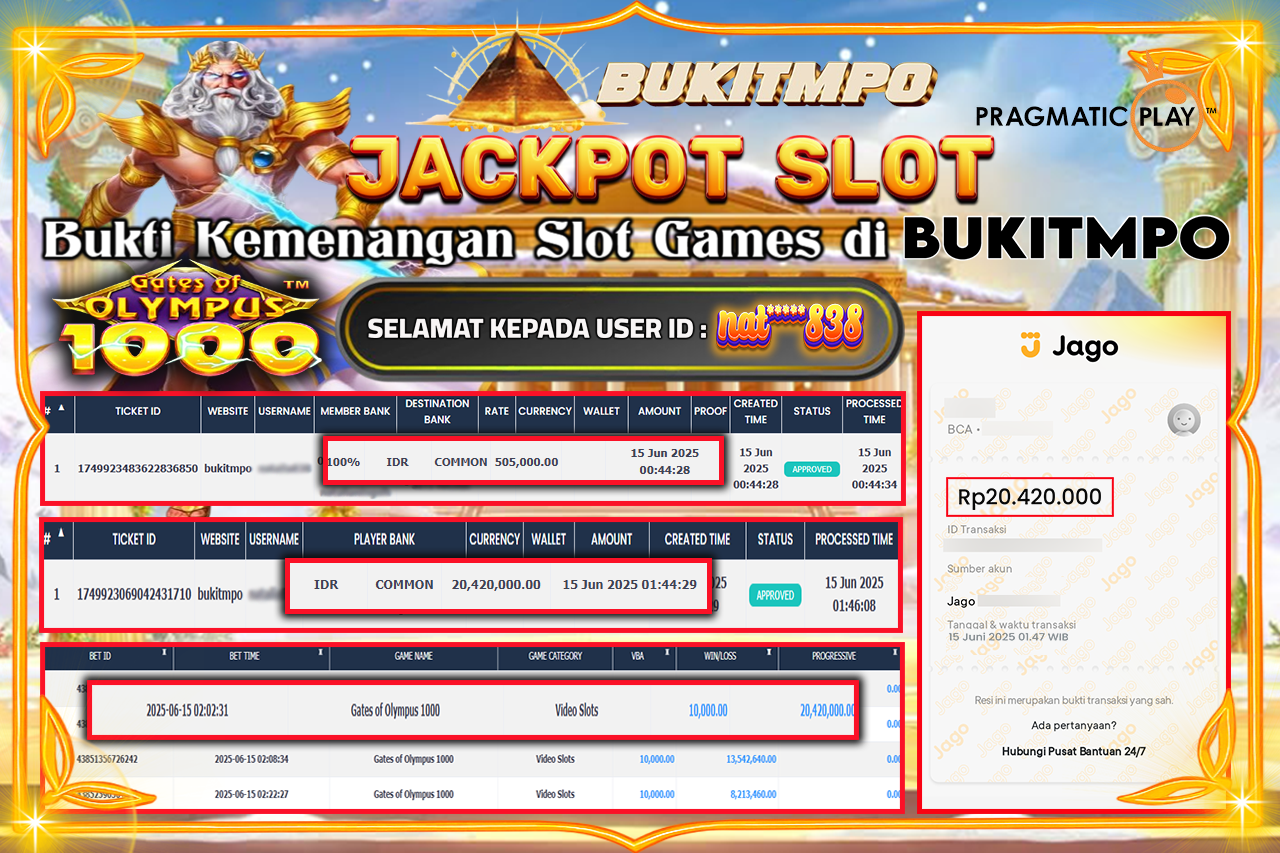 BUKITMPO JACKPOT GATES OF OLYMPUS 1000 Rp.20.420.000,-  LUNAS